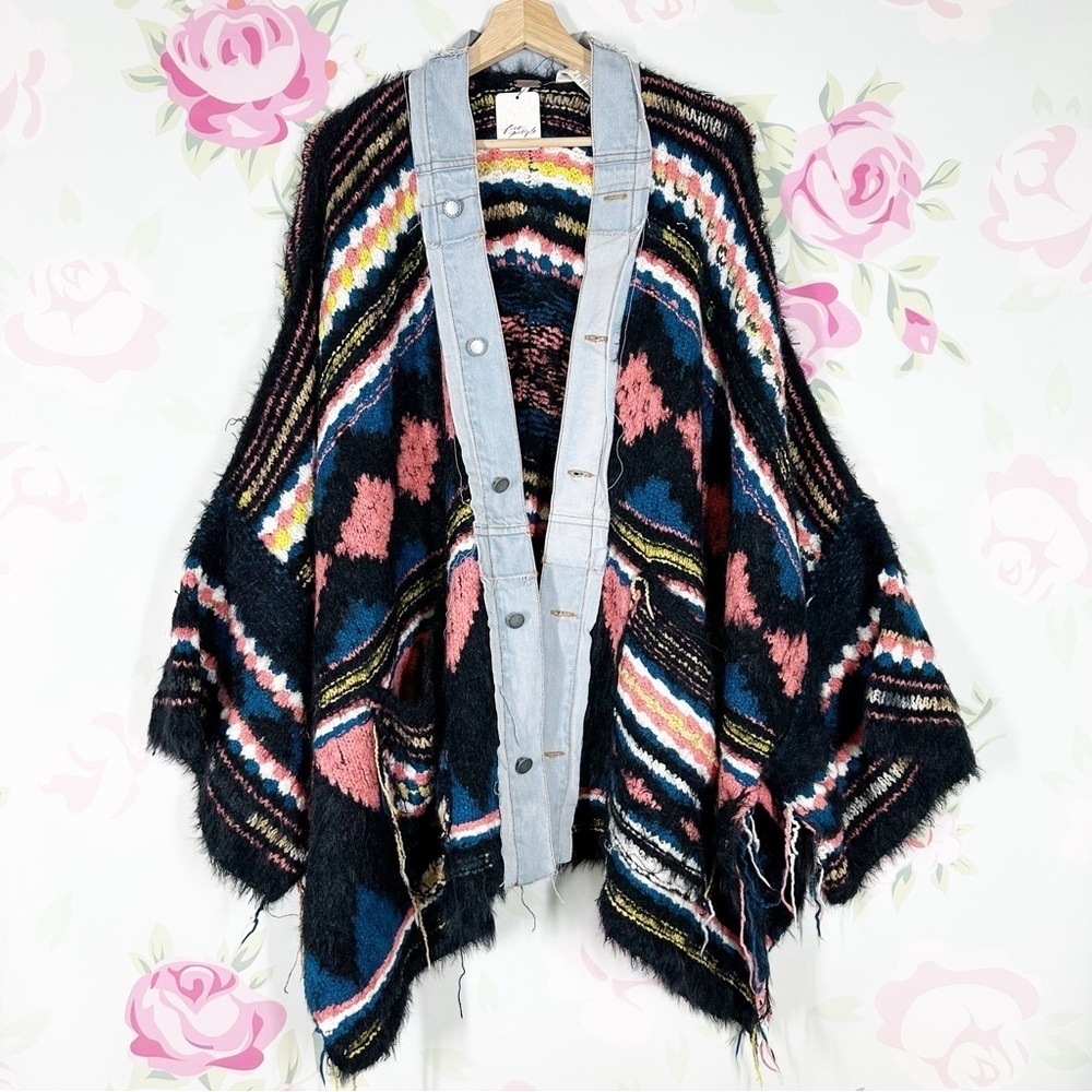 NEW Free People Running Wild Bohemian Fringe Poncho Black Lightning Combo M L